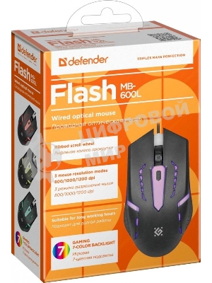 Мышь проводная Defender Flash MB-600L черный, 1200 dpi, USB, кнопки - 4