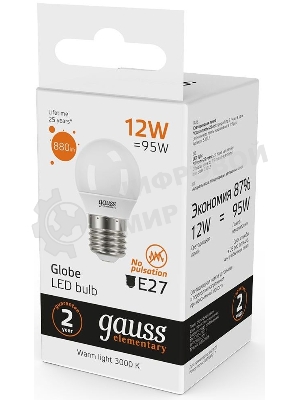 Лампа светодиодная Gauss Elementary 12Вт цок.: E27 шар 220B 3000K св. свеч. бел. теп. (упак.: 10 шт)