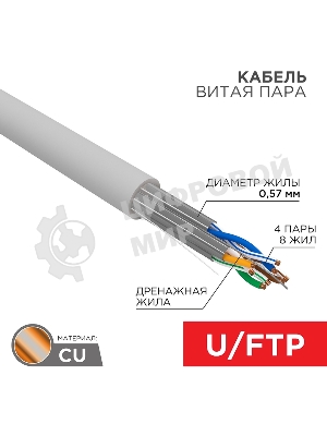Кабель витая пара Rexant U/FTP, CAT 6A, ZH нг(А)-HF (LSZH), 4х2х0,57 мм, 23AWG, INDOOR, SOLID, серый, 305м PRO