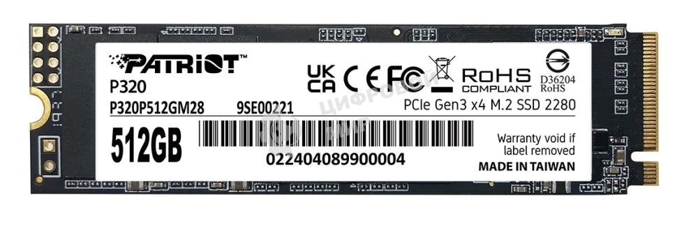 Накопитель SSD Patriot P320, 512Gb, PCIe 3.0 x4, M.2 2280, NVMe, R/W 3000/2200