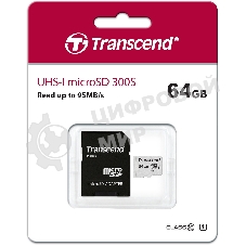 Флеш карта Micro SecureDigital 64Gb Transcend Class 10 TS64GUSD300S-A MicroSDXC Class 10 UHS-I, SD adapter
