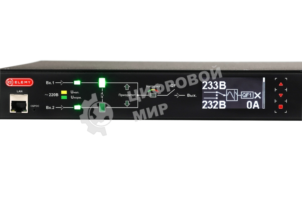 Автоматический ввод резерва ELEMY RACK ATS, 1U, 220В, 32А, OLED, Ethernet, in (2) IEC309, out (2) C19 (9) C13