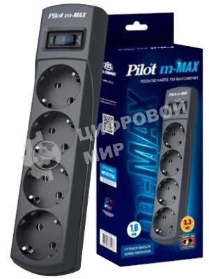Сетевой фильтр ZIS Pilot m Max 4 розетки (евро с заземлением), 15А/3.3 кВа, автомат, 10 м, черный Surge protector Pilot m Max 4 euro outlets, 15А/3.3кВа, 10m, black