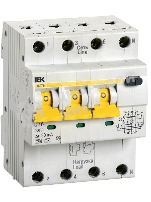 Выключатель автоматический дифференциального тока 4п (3P+N) C 16А 30мА тип A 6кА АВДТ-34 IEK MAD22-6-016-C-30