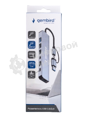 Разветвитель USB3.0/2.0 Gembird UHB-C445, USB3.0, 4хUSB2.0, Type-C, с доп.питанием (порт Type-C), кабель Type-C/USB 17см, алюминий, коробка