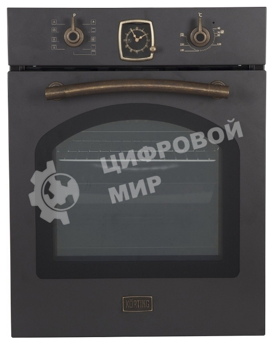 Встраиваемая электрическая духовка Korting OKB 4941 CRN/59.6 х 45 x 55 см, Духовой шкаф в ретро-дизайне, ширина 45 см, аналоговые часы в классическом стиле Frank Muller, таймера с функцией отключения, 9 режимов нагрева, объем духовки 45 л, телескопические направляющие на одном уровне, двухслойное остекление, каталитическая самоочистка, автоматическое отключение, в комплекте: 2 противня, хромированная решетка, цвет - черный; цвет ручек - бронза