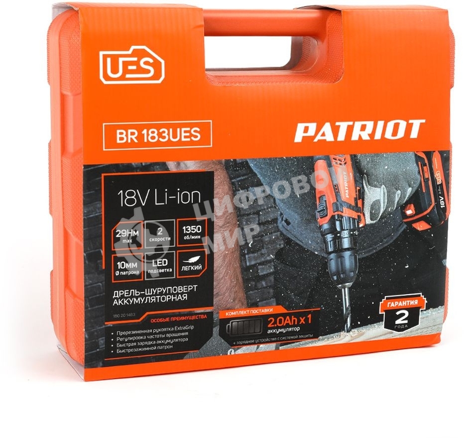Дрель-шуруповерт Patriot BR 183UES, 18 В, 2 Ач, 29 Нм, щеточный