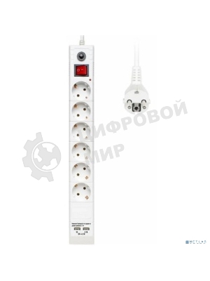 Сетевой фильтр Buro BU-SP3 USB 2A-W 3 м, 6 розеток, белый, коробка