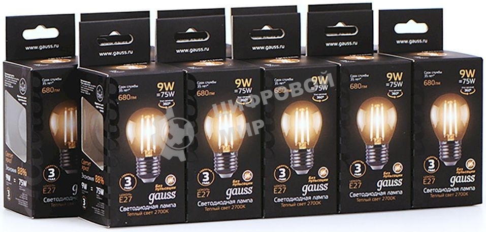 Лампа светодиодная филаментная Gauss 9Вт цок.:E27 шар 220B 2700K св.свеч.бел.теп. G45 (упак.:10шт)