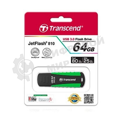 Флешка USB Transcend JetFlash 810 (TS64GJF810), 64Gb, USB 3.0, R/W 100/40, черный/зеленый