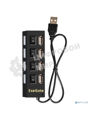USB-концентратор ExeGate EX293977RUS DUB-42SW (кабель-адаптер USB2.0 --> 4xUSB2.0, кнопки включения/отключения для каждого порта, Plug&Play, черный)