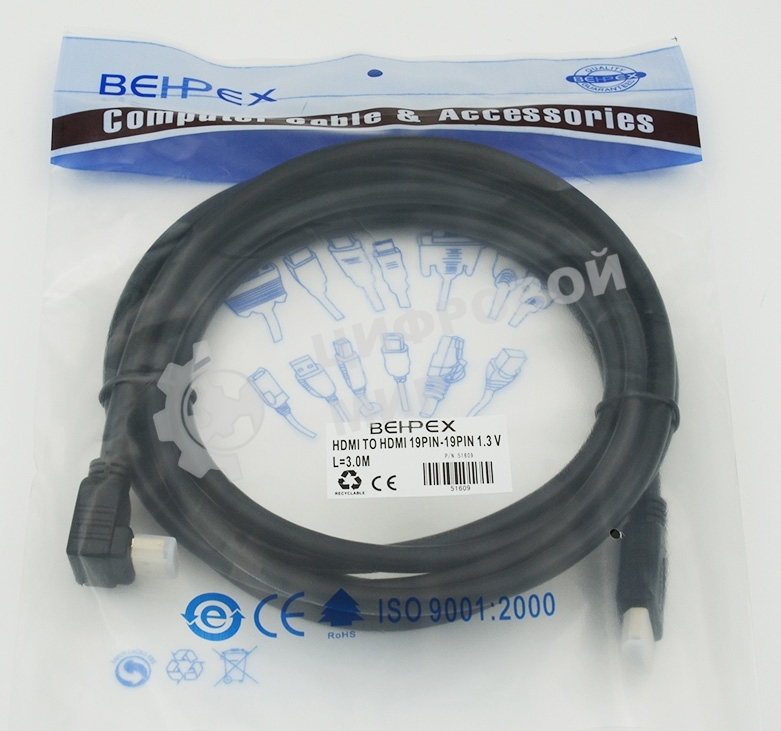 Кабель HDMI 3м, 19pin to 19pin, 1 угловой разъем, черный