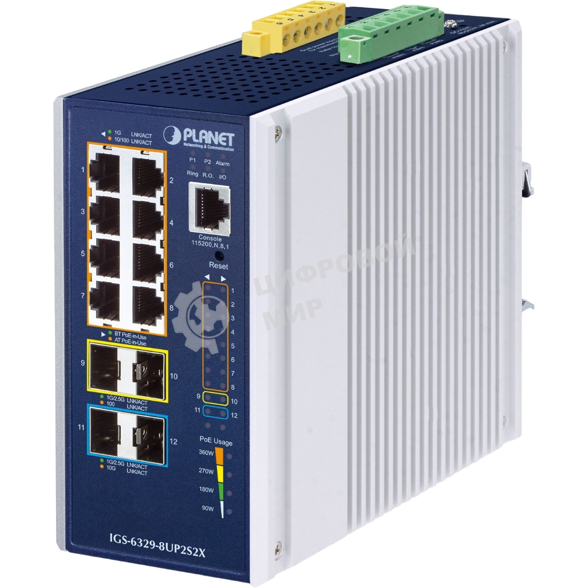 Коммутатор PLANET IGS-6329-8UP2S2X IP30 DIN-rail Industrial L3 8-Port 10/100/1000T 802.3bt PoE + 2-port 1G/2.5G SFP + 2-Port 10G SFP+ Full Managed Switch (-40 to 75 C, 8-port 95W PoE++, 802.3bt/PoH/Force modes, DIDO, ERPS Ring, 1588 PTP TC, Modbus TCP, ONVIF, Cybersecurity features, Layer3 OSPFv2 routing, supports CloudViewer app and MQTT, supports 100FX, 1000X, 2.5G SFP and 10G SFP+, EN61000-6-2/-4 Heavy Industrial EMC and EN50121-4 Railway certified)