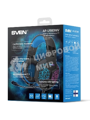 Гарнитура проводная SVEN AP-U980MV, черный-синий (USB, LED, 7.1, 2.2m)