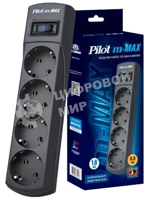 Сетевой фильтр ZIS Pilot m Max 4 розетки (евро с заземлением), 15А/3.3 кВа, автомат, 5 м, черный Surge protector Pilot m Max 4 euro outlets, 15А/3.3кВа, 5m, black