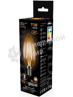 Лампа светодиодная филаментная Gauss 11Вт цок.: E14 свеча 220B 2700K св. свеч. бел.теп. C37 (упак.: 10 шт) (103801111)