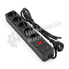 Сетевой фильтр-удлинитель с USB зарядкой ExeGate SP-5-USB-1.8B (5 евророзеток с заземлением, 2 USB-A 2A, 1.8 м, защита от перегрузки, выключатель с подсветкой, черный)