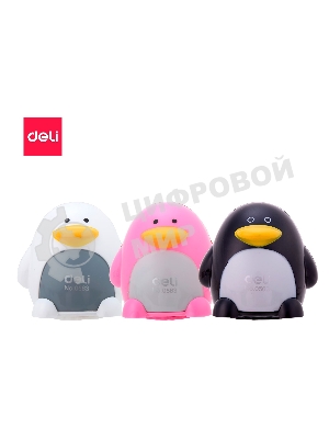 Точилка для карандашей ручная Deli Пингвин E0563, 2 отверстия, пластик, ассорти блистер
