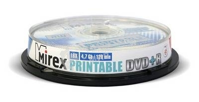 Диск DVD+R Mirex 4.7 Gb, 16x, Cake Box (10), Ink Printable (10/300)
