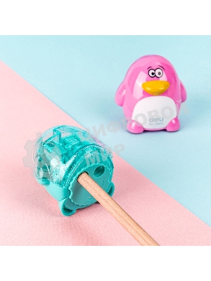 Точилка для карандашей ручная Deli Пингвин E0563, 2 отверстия, пластик, ассорти блистер