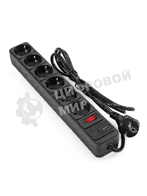 Сетевой фильтр-удлинитель с USB зарядкой ExeGate SP-6-USB-1.8B (6 евророзеток с заземлением, 2 USB-A 2A, 1.8 м, защита от перегрузки, выключатель с подсветкой, черный)