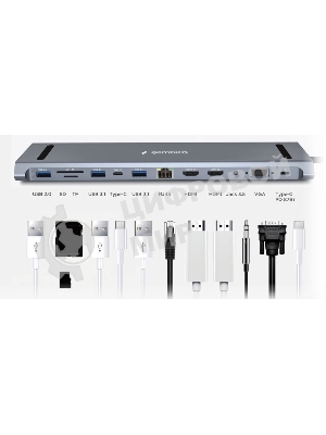 Концентратор USB Type-C Gembird UHB-D6, 12в1: 2xUSB3.1, USB2.0, RJ45, Type-C PD87W, Jack 3.5, SD/TF, 2xHDMI, VGA, Type-C, кабель 23см, алюминий