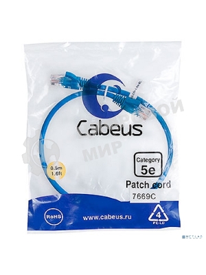 Шнур комм. Cabeus, кат. 5е, неэкр., U/UTP, RJ45/RJ45, LSZH, AWG24, 0.5м, синий