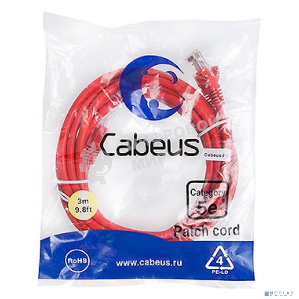 Шнур коммутационный Cabeus, Cat.5e, неэкр., U/UTP, RJ45/RJ45, LSZH, AWG24, 3м, красный