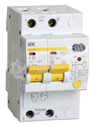 Выключатель автоматическийIEK MAD12-2-025-C-030 Диф.автомат АД12М 2Р С2530мА IEK