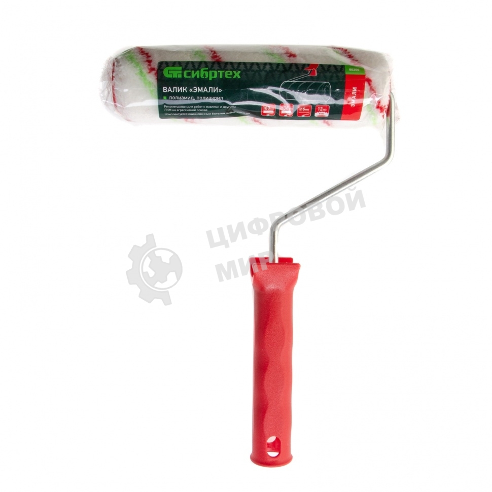 Валик Сибртех Эмали, 180 мм, ворс 12 мм, D 36 мм, D ручки 6 мм, полиамид, полиакрил