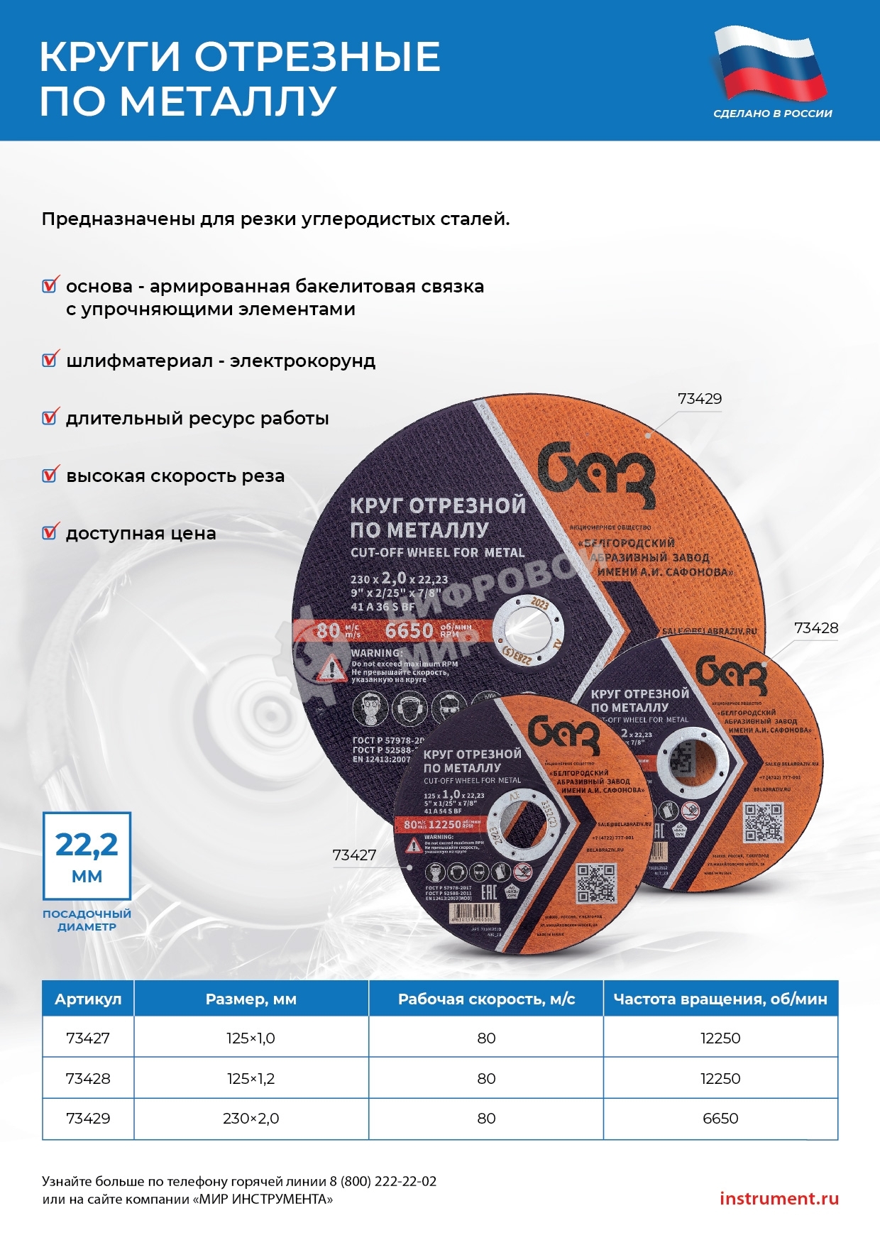 Круг отрезной по металлу, 125 х 1,0 х 22,2 мм (БАЗ) Россия