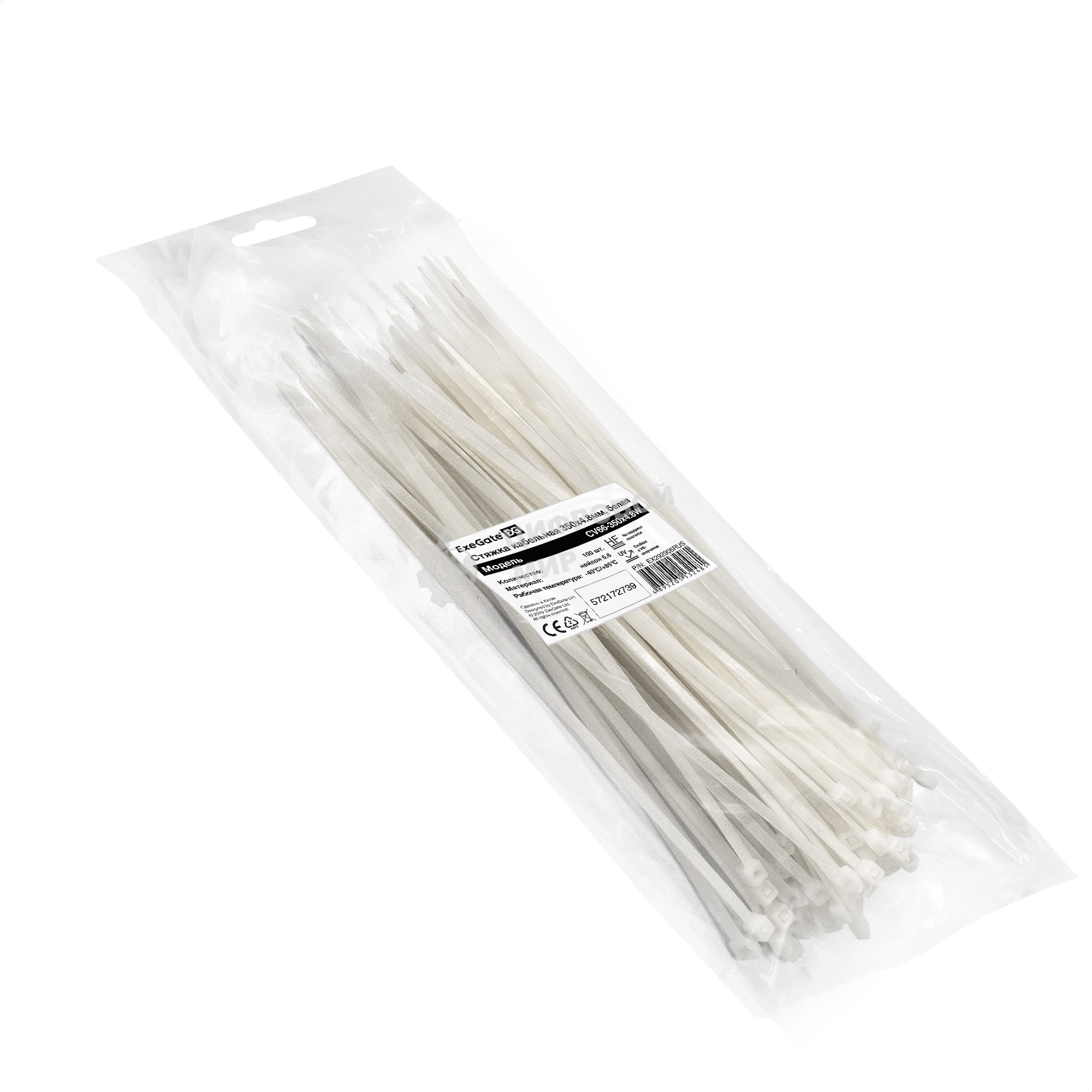 Стяжка (хомут) нейлоновая ExeGate CV66-350x4.8W (нейлон 6.6, 350x4.8 мм, неоткрывающаяся, halogen free, -40°C - +85°C, белая, 100 шт)