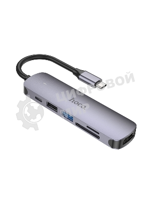 USB-концентратор Type-C Hoco HB28 6в1: USB3.0, PD100W, SD/TF, USB2.0, HDMI, кабель 13см, алюминий