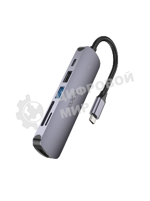 USB-концентратор Type-C Hoco HB28 6в1: USB3.0, PD100W, SD/TF, USB2.0, HDMI, кабель 13см, алюминий