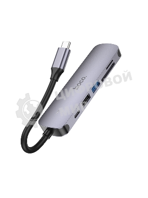USB-концентратор Type-C Hoco HB28 6в1: USB3.0, PD100W, SD/TF, USB2.0, HDMI, кабель 13см, алюминий
