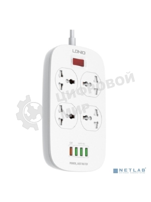 Сетевой фильтр Perfeo LD_B4435 LDNIO SC4407Q/ Сетевой фильтр 2 м / 4 розетки EU_UK_US/ 2500W/ 4 USB+QC 3.0/ Выкл. на розетки/ белый