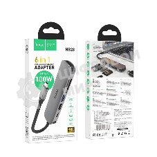 USB-концентратор Type-C Hoco HB28 6в1: USB3.0, PD100W, SD/TF, USB2.0, HDMI, кабель 13см, алюминий
