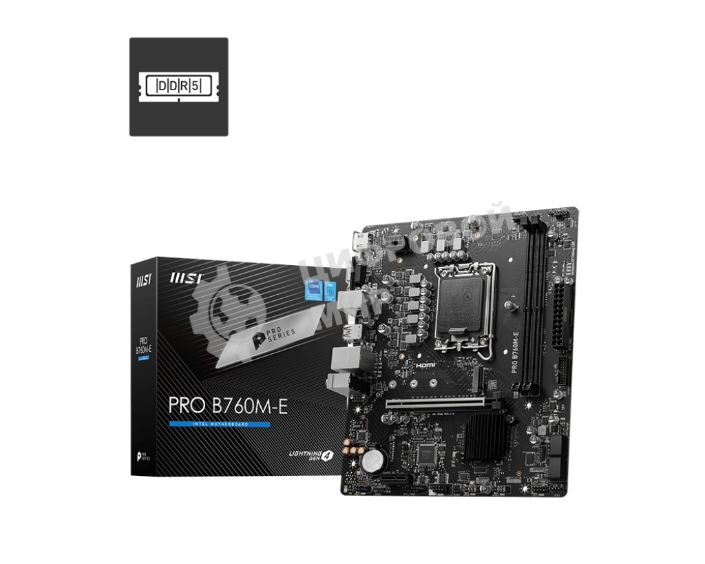 Материнская плата MSI PRO B760M-E, LGA 1700, Intel B760, 2xDDR5, 4xSATA, 1xM.2, 1xPCIe 4.0 x16, 1xPCIe 4.0 x1, 1xHDMI, 1xVGA, 1x1Gb LAN, 2xUSB-A 3.2 Gen 1, 4xUSB-A 2.0, 3x3.5 мм, 7.1, mATX