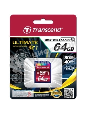 Флеш карта SDXC 64Gb Class10 Transcend TS64GSDXC10U1 BULK w/o adapter