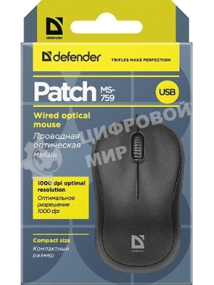 Мышь проводная Defender Patch MS-759 черный, 1000 dpi, USB, кнопки - 3