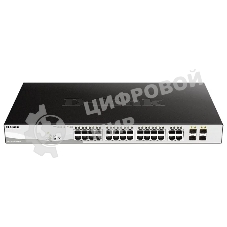 Коммутатор D-Link DGS-1210-28MP/FL1A, L2 Managed Switch with 24 10/100/1000Base-T ports and 4 100/1000Base-T/SFP combo-ports (24 PoE ports 802.3af/802.3at (30 W), PoE Budget 370 W).8K Mac address, 802.3x Flow C