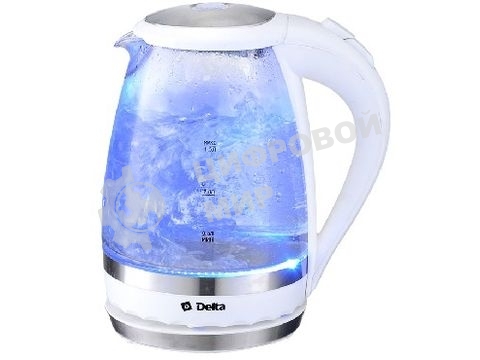 Чайник электрический Delta DL-1202 корпус из жаропрочного стекла, белый, 2200Вт, 1,5л