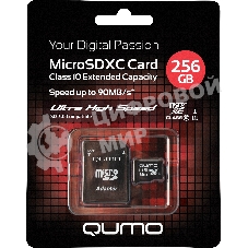 Карта памяти QUMO MicroSDXC 256 GB UHS-I, 3.0 , адаптер в комплекте SD, R/W 90/20 MB/s черно-красная картонная упаковка