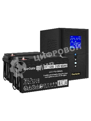 Комплект Источник бесперебойного питания EX295987RUS + батарея 65Aч EX282980RUS 2шт (инвертор, синус, для котла) ExeGate SineTower SZ-1000.LCD.AVR.2SH.1C13.USB 1000VA/800W, чистый синусоида, LCD дисплей, AVR, 2*Schuko+1*C13, USB, линейно-интерактивный, черный + батарея ExeGate DT 1265 (12В, 65Ач) 2шт