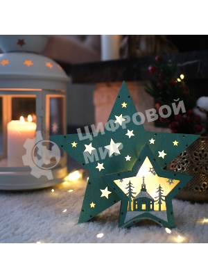 Деревянная фигура с подсветкой «Домик Звездочета» бирюзовая 26х7х25 см, Neon-night