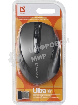 Мышь беспроводная Defender Ultra MM-315 черный, 1600 dpi, радиоканал, USB, кнопки - 6