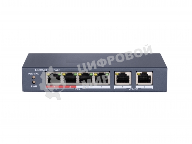 Сетевой неуправляемый коммутатор 4 RJ45 1000M PoE порта; 1 Uplink порт 1000М Ethernet; PoE: IEEE802.3af IEEE802.3at; бюджет PoE 35Вт; поддержка режима передачи до 100м10 Gbps защита от перенапряжений DC48В 0.8A; 38Вт;-10 C...+55C.