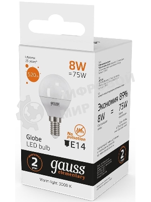 Лампа светодиодная LED Gauss 8Вт E14 220В 2700К Elementary шар 53118