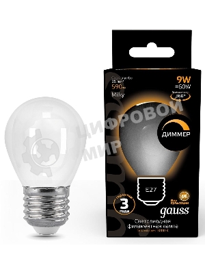 Лампа светодиодная Gauss Filament 105202109-D 9Вт цок.:E27 шар 220B 3000K св.свеч.бел.теп. (упак.:10шт)