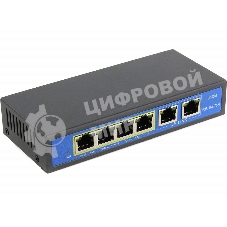 Коммутатор PoE 4 порта 10/100Mbps SWP-7504POE/2P 4xPoE+1xUplink RJ45, IEEE 802.3af, мощность 15.4 Вт на порт, БП 52В/1.25А, настенный крепеж в ком